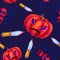 Seamless pattern for Halloween. Evil pumpkin, knives