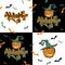 Seamless pattern. Halloween. Lettering. Funny cartoon pumpkin monster in witch hat. Patchwork print. Vector.