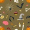 Seamless pattern with Halloween magic items and creatures on dark background - Jack-o`-lantern, witch hat and flask with