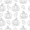 Seamless pattern with Halloween Pumpkin Jack and candy corn in sketch style isolated on white. Festive texture for packages,