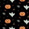 Seamless pattern for Halloween. Scary ghost, pumpkin, spider. cobwebs and candy on a dark background. Color vector