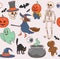 Seamless pattern for Halloween with spooky characters and icons in groovy style