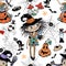 Seamless pattern on Halloween theme with little girls witches pumpkins and various horror elements. Vector