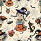 Seamless pattern on Halloween theme with little girls witches pumpkins and various horror elements. Vector