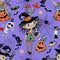 Seamless pattern on Halloween theme with little girls witches pumpkins and various horror elements. Vector