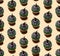 Seamless pattern of Halloween treat maffin decorated witch hats.