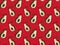 Seamless pattern of halved avocados rotated in different directions drawn in line art style on a red background. The texture of th