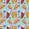 Seamless pattern with hamburger, fries, hot dog and cola on a striped background
