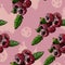 Seamless pattern hand draw graphic and colored sketch with raspberries, leaves and pink spots on pink background.