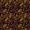 Seamless pattern from Hand draw structure of leaves gold on black in line art