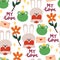 Seamless pattern hand drawing bunny, frog, flower and letter for kids wallpaper, fabric print, textile, gift wrap paper