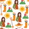 Seamless pattern hand drawing cartoon girl and cute farming element. for fabric print, textile