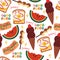 Seamless pattern hand drawing fast food and dessert. food and beverage background for fabric print, textile, gift wrapping paper