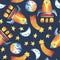 Seamless pattern of hand drawing yellow rocket, stars, moon