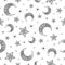 Seamless pattern with hand drawn abstract black and white moons and stars on a white background