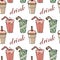 Seamless pattern, hand-drawn assorted cocktails with straws, milk with fruits and coffee. Design for the food industry.