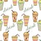 Seamless pattern, hand-drawn assorted cocktails with straws, milk with fruits and coffee. Design for the food industry.