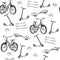 Seamless pattern of hand drawn baby bike, scooter, wave board an