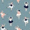 Seamless pattern with hand drawn  ballerinas. Cute dancing girls isolated on the polka dots blue background. Vector fashion repeat