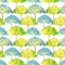 Seamless pattern with hand drawn blue and green umbrellas with white circles on white background