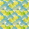 Seamless pattern with hand drawn blue and green umbrellas with white circles on white background