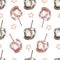 Seamless pattern of hand-drawn Candy Taffy apples with nut sprinkles. Vector food drawing.