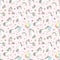 Seamless pattern of hand-drawn cartoon magical unicorns with diamonds, hearts, balloons, flowers, stars, crowns. Vector image for