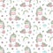 Seamless pattern of hand-drawn cartoon unicorns with rainbow, clouds, diamonds, hearts. Vector background image for holiday, baby