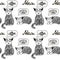 Seamless pattern of hand-drawn cats in doodle style. Stylized cats dreaming in and out of milk and fish. Decor. Stylized