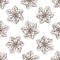 Seamless pattern of hand-drawn christmas gingersnap, traditional ginger cookies in star shape decorated with sugar icing.