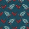 Seamless pattern. Hand drawn Christmas robin bird background. Frosty fir snowflakes all over print. Winter holidays wrap paper.