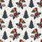 Seamless pattern. Hand drawn Christmas robin bird background. Frosty snowflake fir tree all over print. Winter holidays paper.