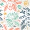 Seamless pattern with hand drawn clove tree, vanilla, anisetree, nutmeg, cinnamon. Vintage leaves, flowers, fruand seeds. Abstract