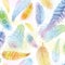 Seamless pattern. Hand drawn colored bird feathers. Boho style.