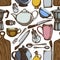 Seamless pattern with hand drawn colored Chef`s knifes, teaspoon, spoon, fork, knife, cutting board, bottle of oil