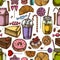 Seamless pattern with hand drawn colored cinnamon, macaron, lollipop, bar, candies, oranges, buns and bread, croissants