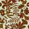 Seamless pattern with hand drawn colored fern, dog rose, rowan, ginkgo, maple, oak, horse chestnut, chestnut, hawthorn