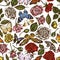Seamless pattern with hand drawn colored lemon butterfly, red lacewing, african giant swallowtail, alcides agathyrsus