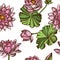 Seamless pattern with hand drawn colored lotus