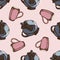 Seamless pattern with hand drawn colored teapots, cups