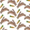 seamless pattern, hand-drawn contour stylized baby hares and carrots, for textile