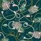 Seamless pattern with  hand drawn corals Golden ,and treasure animal,fishes, ropes and pearls on dark ocean green background