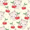 Seamless pattern hand drawn cute cat and cherry berries background childish vector illustration kitten holding berries print