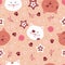 Seamless pattern with hand-drawn cute cat faces, cat paws, berries, stars. Vector illustration