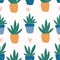 Seamless pattern with hand-drawn cute succulent in pot.