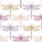 Seamless pattern with hand drawn dargonfly. Vector insects sketch collection. Vinatge spring background. Pastel colored