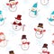 Seamless pattern with hand drawn different snowmen and snowflakes