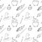 Seamless pattern of hand drawn doodle black contour, outline witch hat, magic wand, potion, broomstic and feather.