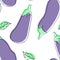 Seamless pattern with hand drawn doodle of eggplants. Linear black drawing and color silhouette.