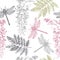 Seamless pattern with hand drawn dragonfly and wisteria flowers. Vector insects sketch. Vintage spring background. Botanical illus